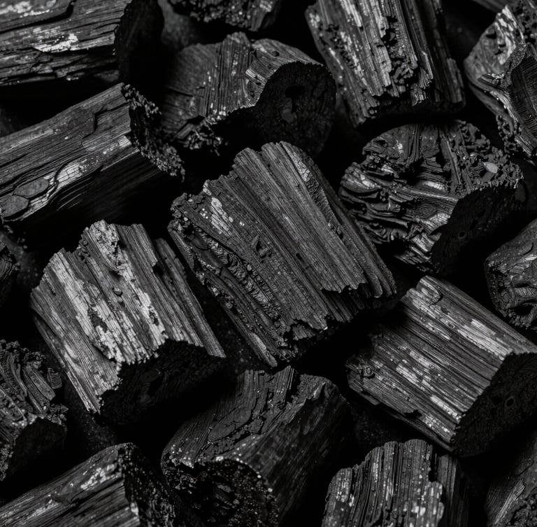 Macro high-contrast side-lit shot of dense, uniform Angolan hardwood charcoal lumps showing detailed grain texture, dark charcoal background