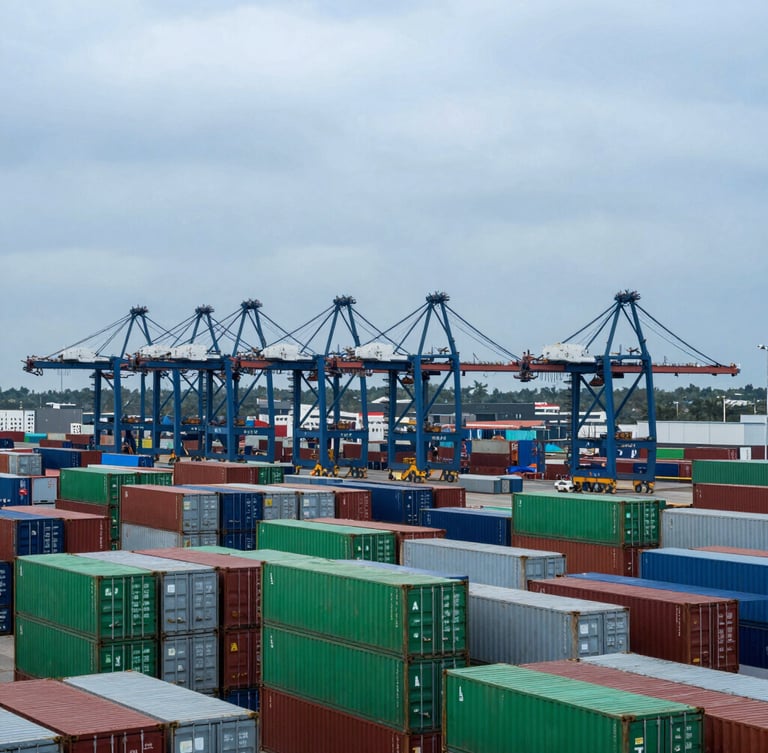 A wide-angle industrial view of the Port of Luanda under cool overcast daylight, massive stacks of green and silver shipping containers, container cranes towering in the background.