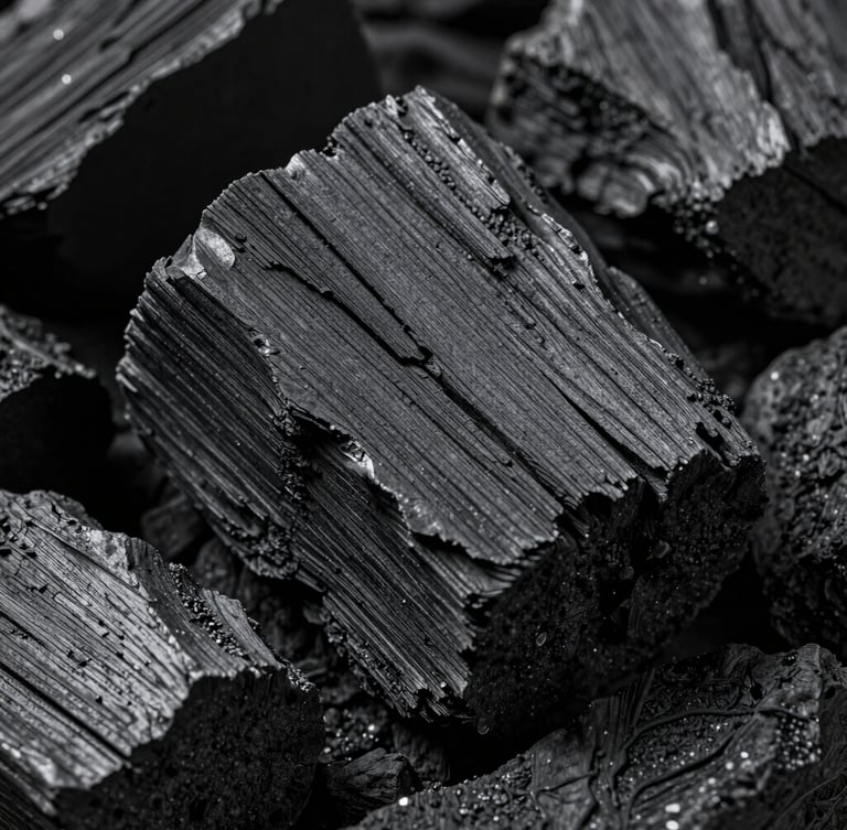 Macro shot of massive, high-density charcoal lumps showing deep, clean wood grain textures, high-contrast side-lighting