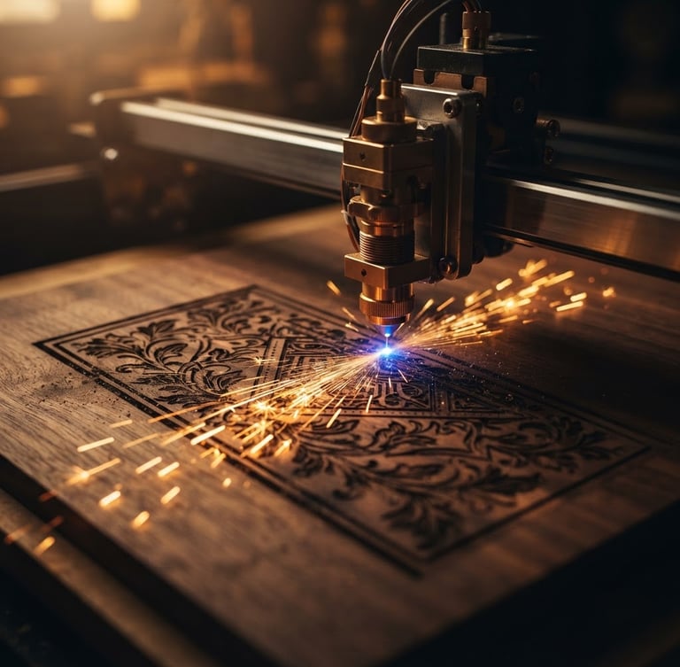 Macro product photography of a precise laser cutting machine engraving a wood panel, warm directional studio lighting, gold sparks, deep jewel tones, depth of field.