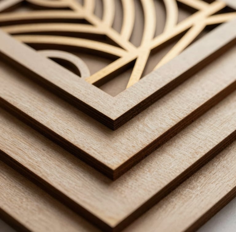 Macro close-up of laser-cut MDF wood texture, clean precise dark edges, golden studio light casting soft shadows, elegant geometric patterns