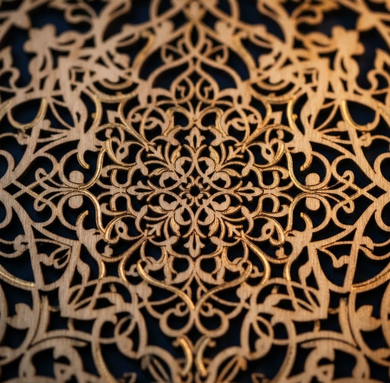 Elegant macro shot of laser-cut MDF wood with clean dark edges, warm studio lighting, deep midnight blue background, gold highlights, 3:4 portrait crop