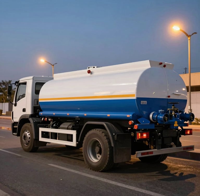 A heavy-duty 6-ton water tanker truck parked on a North Riyadh street at dusk, clean blue and white chassis, water valve details in focus, dramatic warm streetlights, high-contrast industrial commercial photography, wide-angle lens