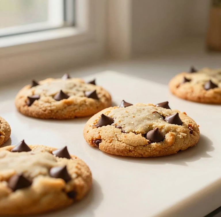A tight macro shot of golden-brown chocolate chip cookies fresh from the oven, melting chocolate pools, warm morning window light casting soft shadows on a cream counter.