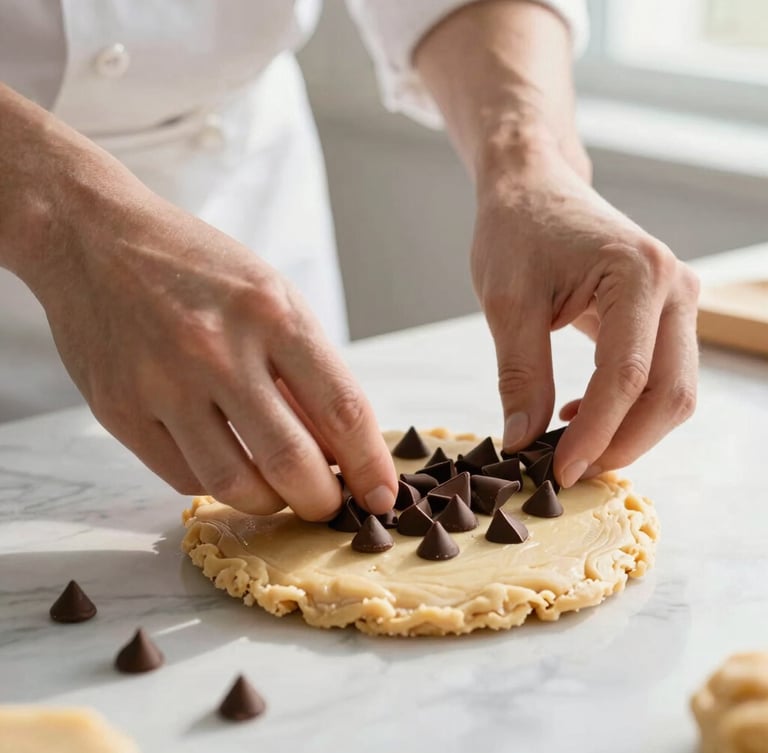 Close-up of a baker's hands gently folding rich dark chocolate chips into cookie dough on a clean, sunlit marble countertop, soft morning light, shallow depth of field