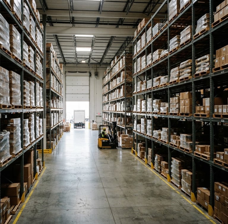 Crisp industrial photography of a clean warehouse interior, organized pallets stacked high on heavy steel racks, bright high-visibility industrial lighting, deep shadows, wide-angle 35mm shot