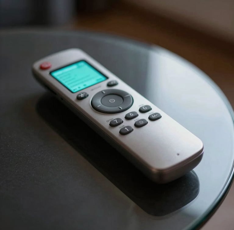 Tight close-up of a sleek, modern remote control resting on a dark glass table, soft cyan screen glow reflecting off its satin surface, low-key ambient room lighting, shallow depth of field.