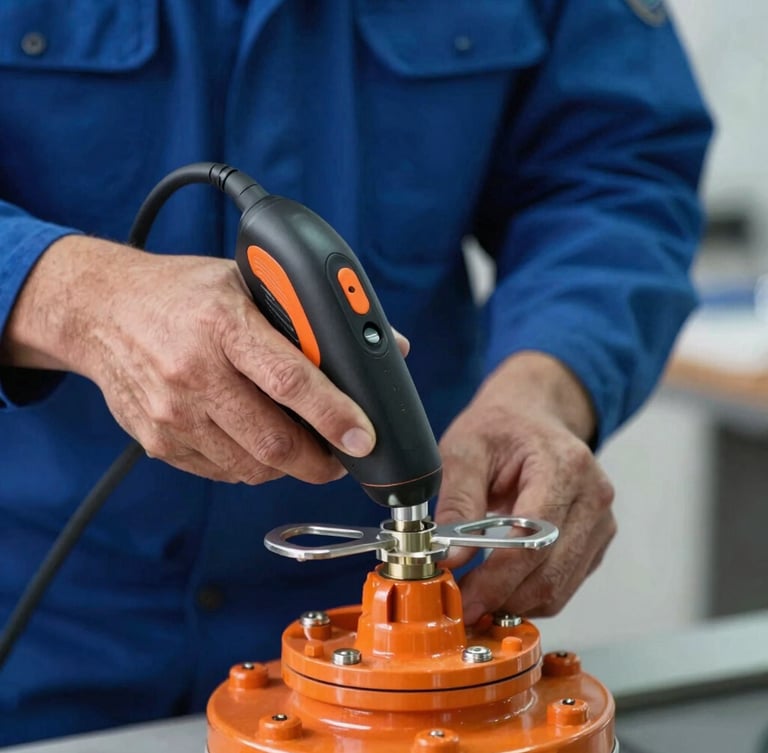 Primer plano cinematográfico de manos de un técnico uniformado utilizando un detector de fugas por ultrasonido en la válvula de un cilindro naranja, iluminación de alto contraste azul y naranja.