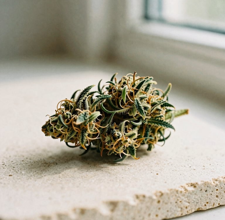 Macro editorial photograph of a pristine, trichome-rich cannabis bud on a textured cream stone surface, soft natural window light, warm shadows, 35mm film look