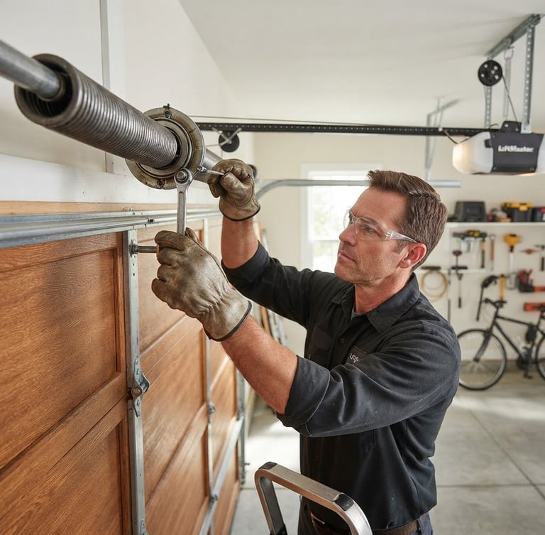 Professional technician inspecting a garage door mechanism, hands on a heavy-duty torsion spring, bright garage interior lighting, sharp focus, residential garage in background