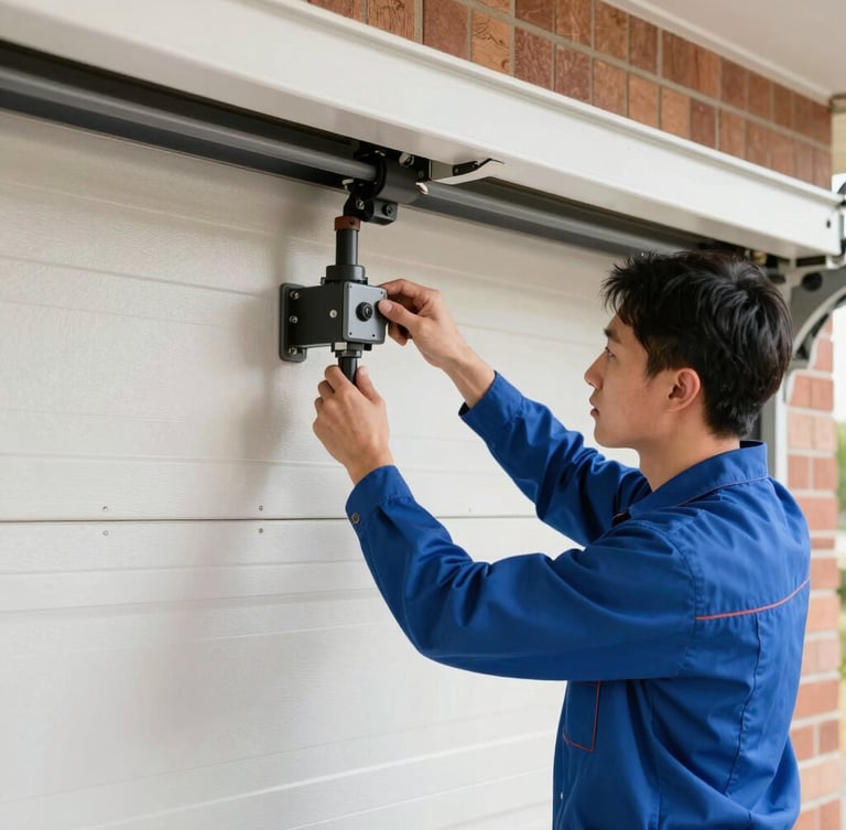A professional technician in a clean uniform, seen from the side, carefully adjusting a garage door mechanism inside a well-lit residential garage, hands in focus, crisp editorial photography, bright natural daylight.