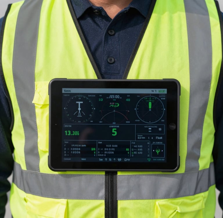 Technical close-up of a high-vis safety vest and a digital tablet displaying flight telemetry data, bright daylight, sharp focus, 35mm
