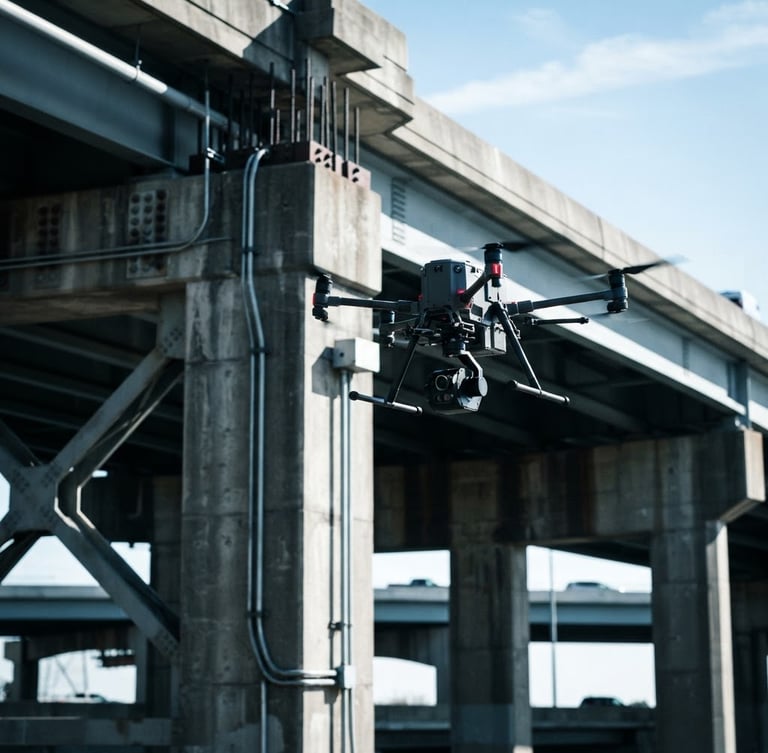 Industrial drone with LiDAR payload hovering near a bridge structure, crisp daylight, high contrast, cool technical tones, 35mm.