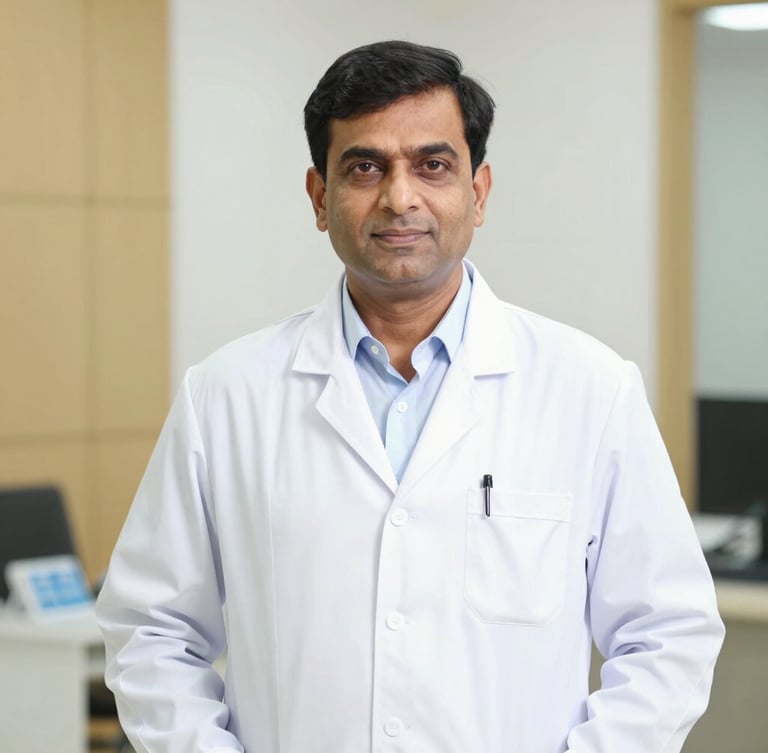 A professional portrait of Dr. Ganesh Choudhary (PT) in a bright, modern clinical setting. He is wearing a clean white doctor's coat, looking confident and approachable, soft gold and white tones in the background, editorial 35mm clinical photography.