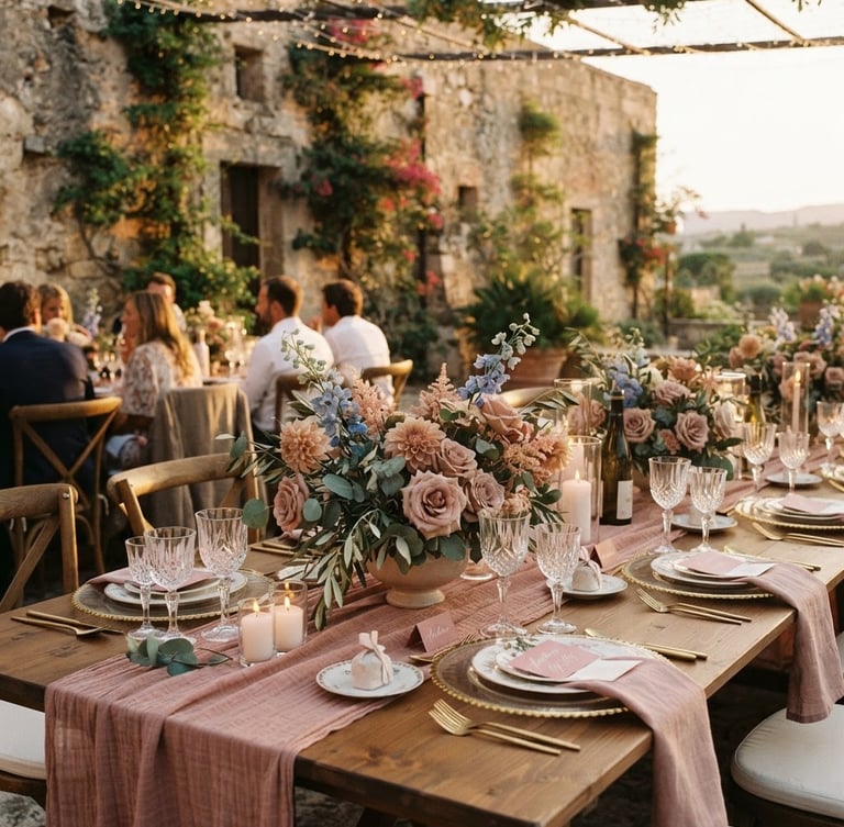 Elegant outdoor wedding reception table in Sicily, soft dusty rose fabrics, warm golden-hour light, rustic stone walls, beautiful floral arrangements.
