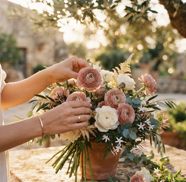 Close-up of elegant hands arranging delicate dusty rose ranunculus and white garden roses, warm golden-hour Sicilian sun filtering through olive leaves, shallow depth of field, warm editorial photography