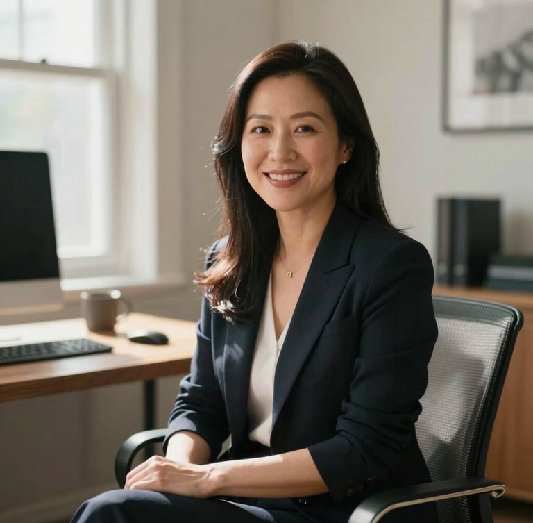A warm, professional portrait of Christina Zhang in natural light, sitting in a bright Ontario home office with soft daylight streaming in.