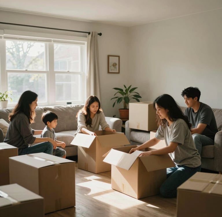 Candid moment of a family unpacking boxes in a sunlit Ontario living room, soft natural daylight, warm atmospheric framing.