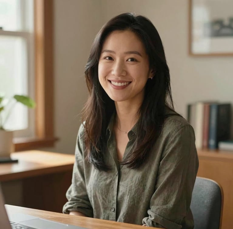 A warm environmental portrait of Christina Zhang in natural daylight, smiling warmly inside a bright Ontario home office with soft wooden textures in the background