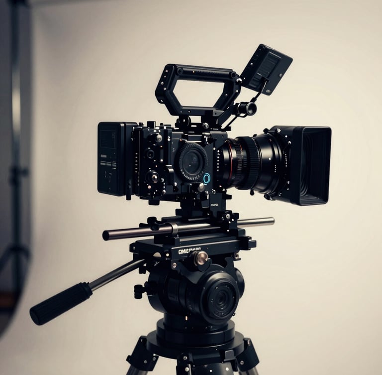 A high-end cinematic camera rig on a professional studio set, dramatic lighting with deep navy shadows and warm cream highlights, crisp details, 35mm lens