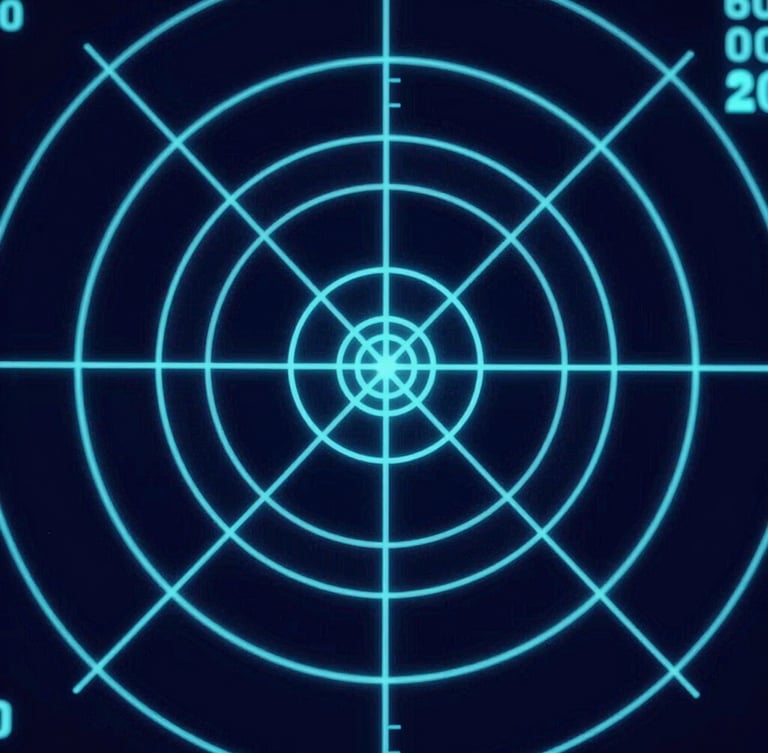 Macro close-up of a glowing digital radar sweep, concentric rings in sharp cyan, technical telemetry data, deep navy background.