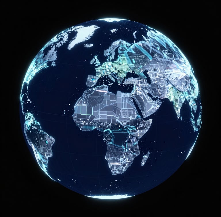 Abstract 3D render of a glowing digital globe with vector data overlays, deep navy and black background, high-contrast orthographic radar sweep.