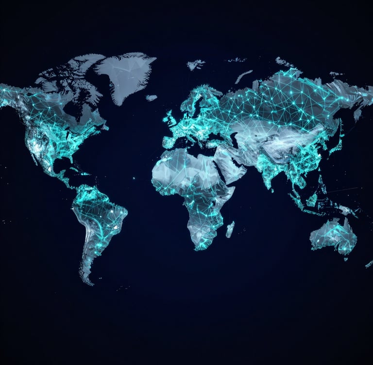 Abstract orthographic vector map of global maritime corridors, glowing cyan node connections on deep navy background, high-contrast technical telemetry