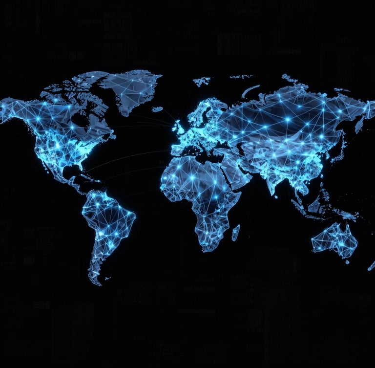 Abstract network node graph of global flight corridors, glowing blue lines connecting coordinates, high-contrast digital overlay, black background.