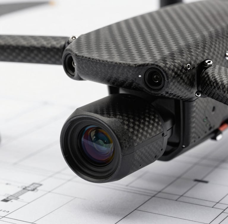 Extreme close-up of a commercial drone sensor payload, carbon fiber housing, crisp studio lighting, technical blueprint grid background.