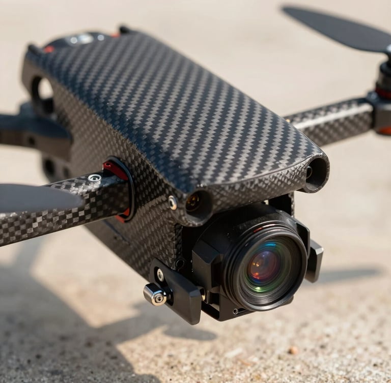 Extreme close-up of a carbon fiber drone chassis with a multi-spectral sensor payload, crisp daylight highlighting technical mechanics, studio lighting style.