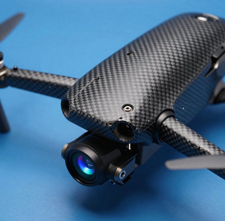 Extreme close-up of a carbon fiber enterprise drone chassis, focusing on the multi-spectral sensor payload and rotor mechanics, crisp studio lighting, high-contrast blueprint feel.