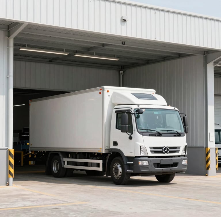 Modern refrigerated cargo truck parked at a clean, high-tech loading dock of a poultry facility, bright daylight, professional architectural framing