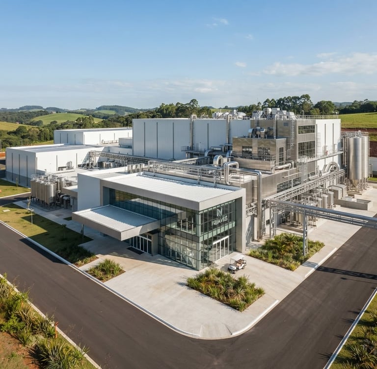 Wide-angle architectural photograph of the state-of-the-art Nova Friaves industrial facility in Nova Erechim, bright clean daylight, stainless steel accents, pristine biosecurity environment