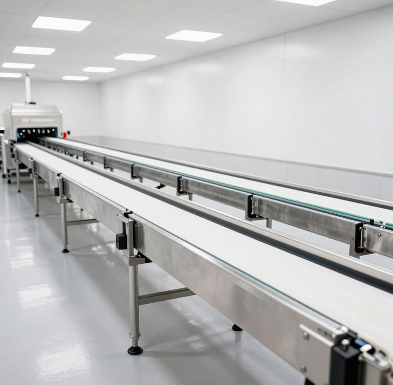 Wide environmental shot of a spotless modern poultry processing line, stainless steel conveyor belts, bright high-key lighting, clean industrial architecture
