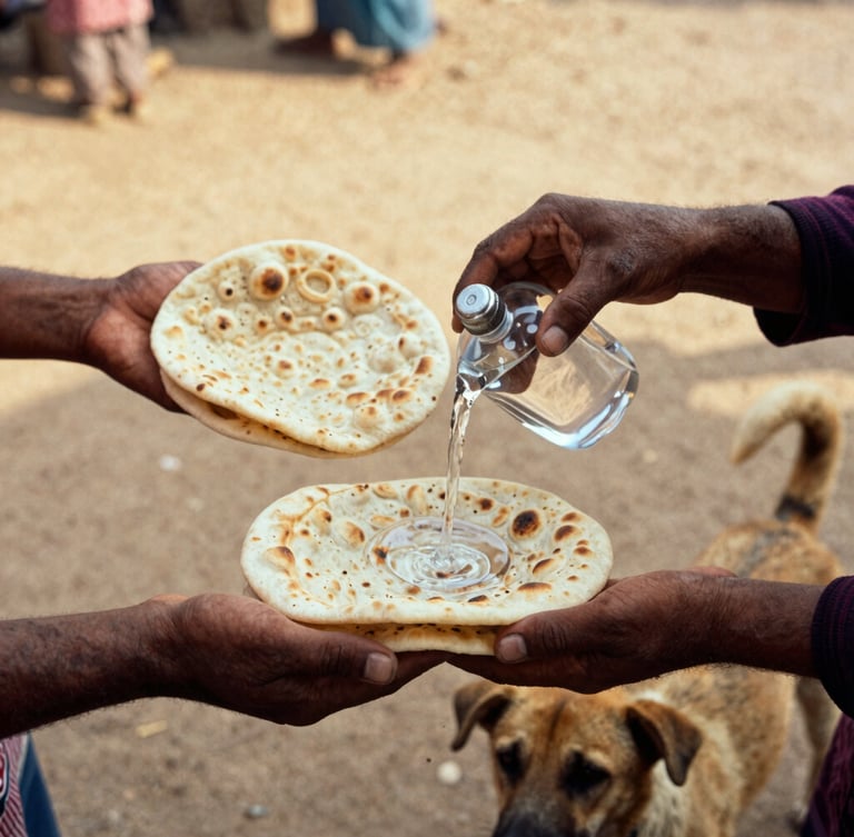 Close-up documentary shot of local hands offering fresh flatbreads and clean water to a street dog in Satna, warm dusty golden hour light, authentic street-level framing, 35mm film style.