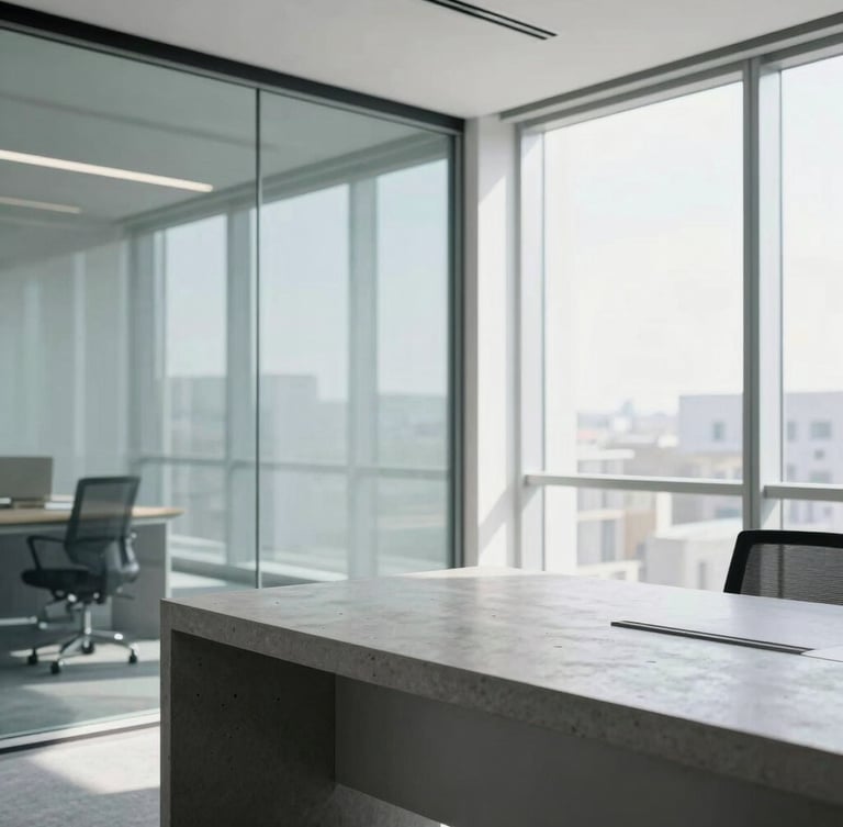 Bright, daylight-filled modern office corner, clean glass partition reflecting architectural steel lines, minimalist concrete desk, cool slate tones, negative space.