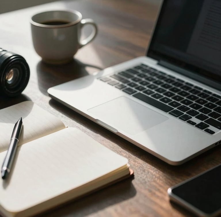 A close-up of a clean, organized physical workspace with a high-end laptop, a notebook, and a ceramic cup in cool morning light