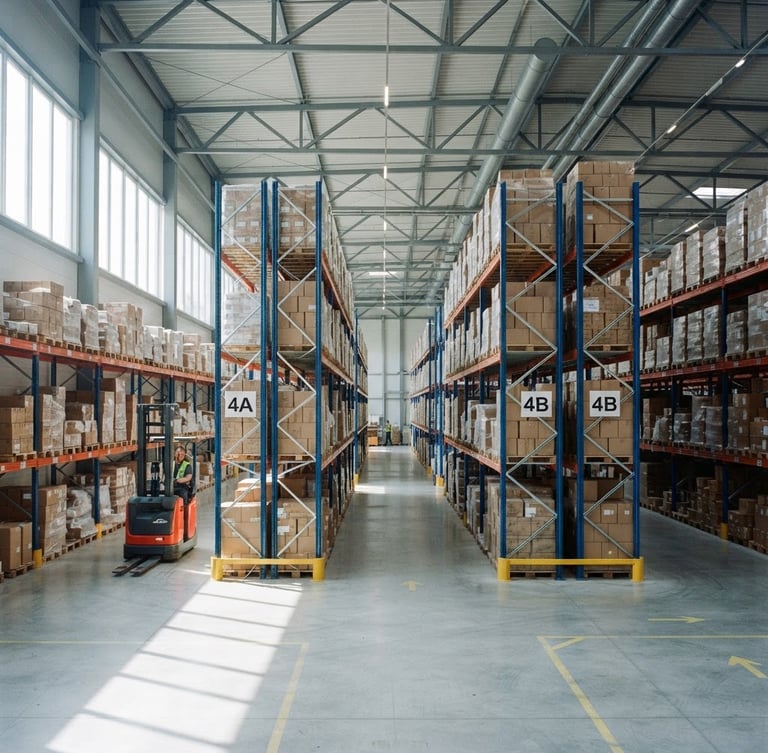 A clean, modern warehouse interior with organized racking systems, bright natural daylight streaming through high windows, cool-toned accents.