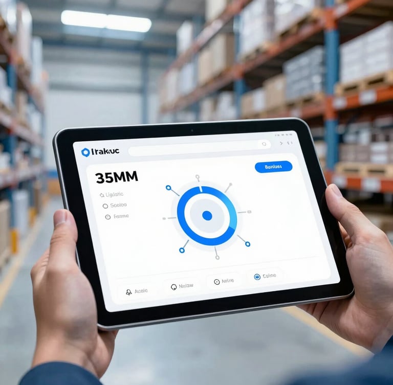 Close-up of a modern tracking interface on a tablet held by a logistics manager, bright clean warehouse background, natural daylight.