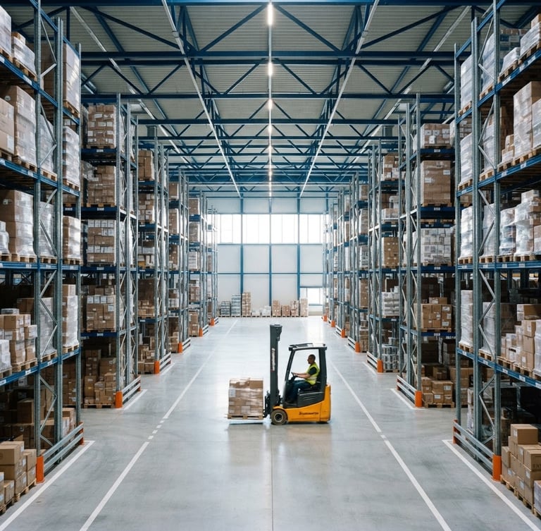 Wide environmental shot of a modern, clean, well-lit warehouse interior with organized high-bay racking systems, bright natural daylight mixed with crisp cool warehouse lighting, sharp focus, professional architectural framing, 35mm