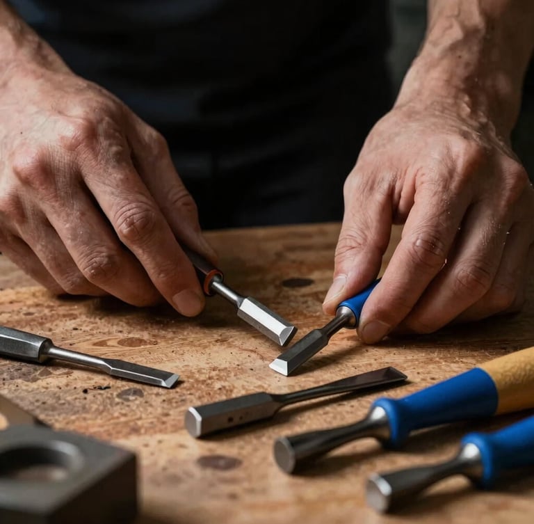 Macro shot of a carpenter's hands selecting chisels on a wooden workbench, high-contrast side-lighting, deep charcoal background, sharp depth of field.