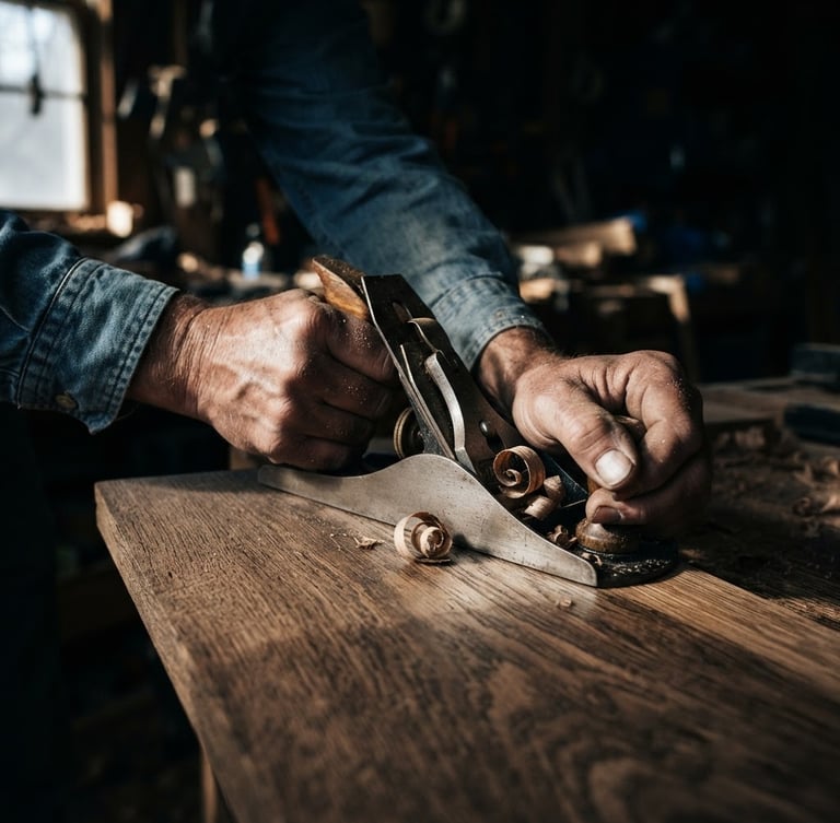 Close-up of a carpenter hands smoothing an oak table with a hand plane, natural side-lighting, deep shadows, clean depth of field, 35mm