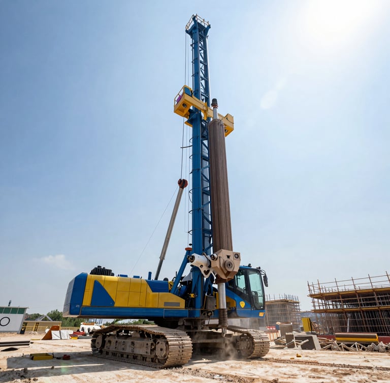 Low-angle wide shot of a massive blue and yellow continuous flight auger drilling rig operating on a sunny construction site, sharp technical details, dust in the light beams