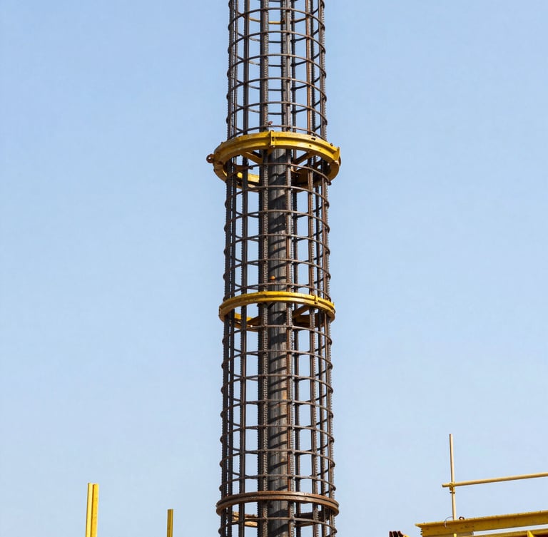 Close-up of a heavy steel reinforcement cage being lowered into a freshly drilled pile hole on an industrial site, bright daylight, high contrast.