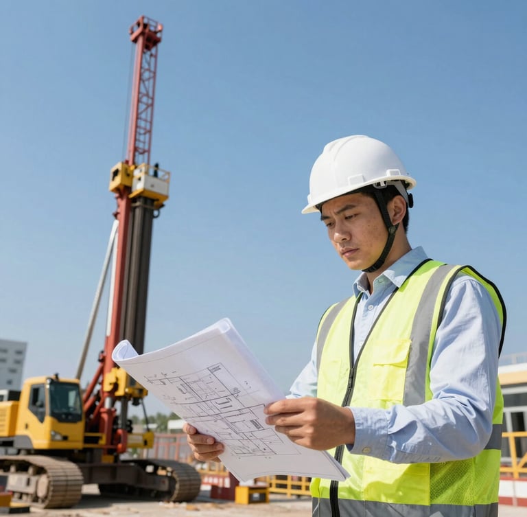 Medium shot of a civil engineer in a white hard hat reviewing technical blueprints on a clipboard, with a large drilling rig working in the background under bright daylight