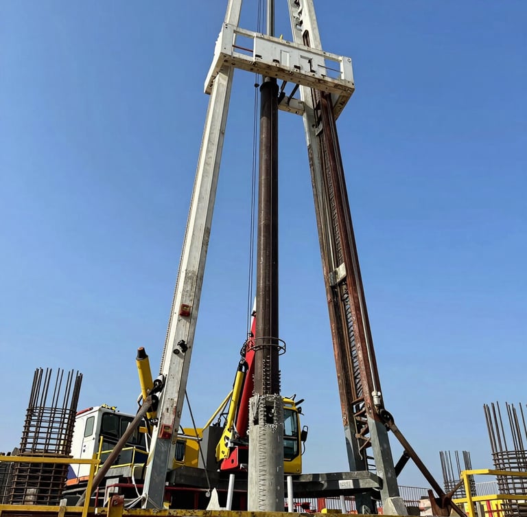 Medium shot of a drilling rig pouring concrete into a freshly drilled shaft, steel reinforcement cage visible, high-contrast industrial construction photography.