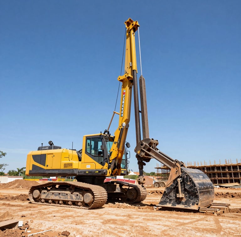 Low-angle wide shot of a heavy soil drilling rig active on a bright, dusty construction site in Brasilia, safety yellow machinery, high-contrast daylight, sharp industrial details.