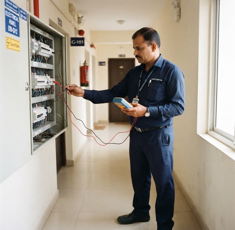 Eye-level candid shot of a professional Indian facility manager in a clean navy uniform inspecting a modern electrical panel in a Bangalore residential community, bright natural daylight, 35mm