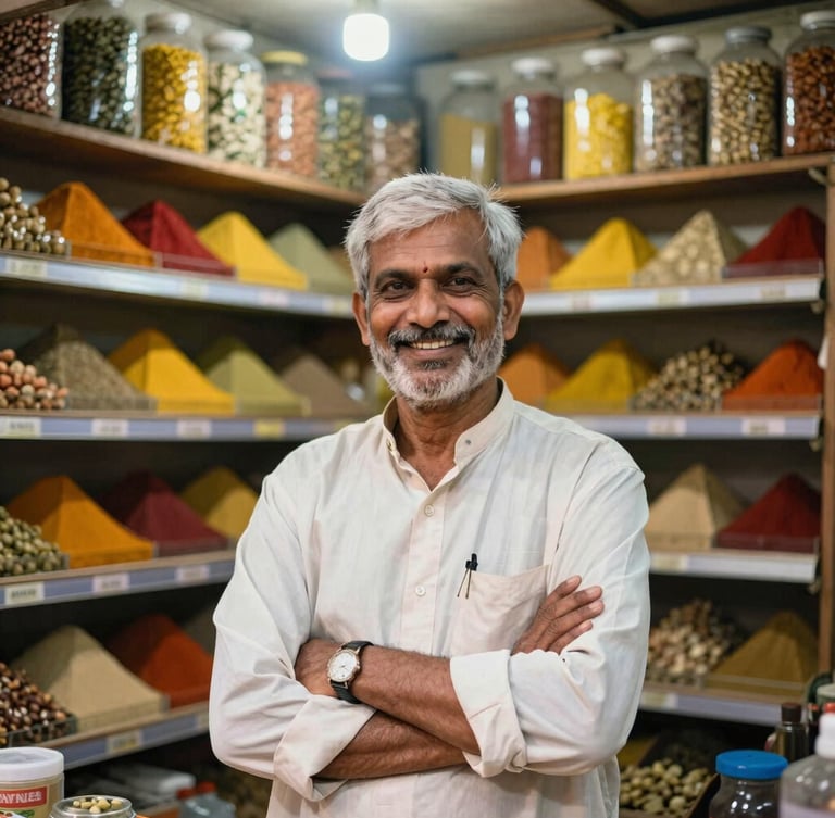 A warm editorial portrait of a smiling local Indian merchant standing proudly inside his well-lit grocery shop in Sakchi, Jamshedpur, with shelves of colorful spices in the background, shot on 35mm with soft natural daylight.