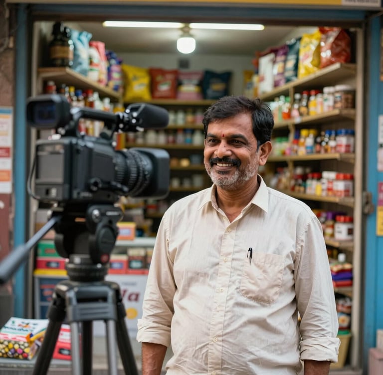 A warm editorial photograph of a smiling Indian shopkeeper standing inside his brightly lit retail store in Jamshedpur, with a professional video camera on a tripod in the foreground capturing him, shallow depth of field, 35mm.